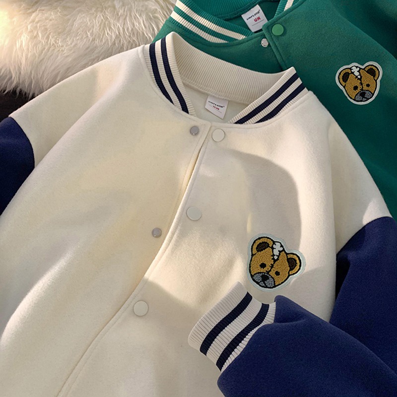Áo khoác bomber unisex Varsity Jacket - Áo bóng chày thêu hình Gấu Kute, chất nỉ bông cotton dày dặn