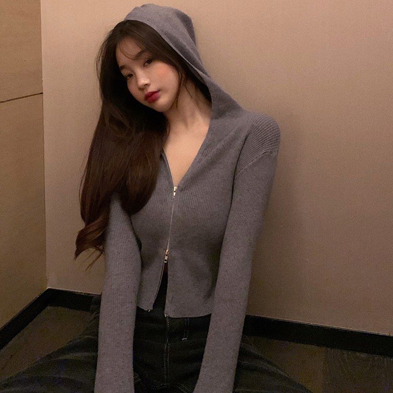 Áo Khoác Cardigan Dệt Kim Tay Dài Màu Trơn Phối Khóa Kéo Cá Tính Cho Nữ