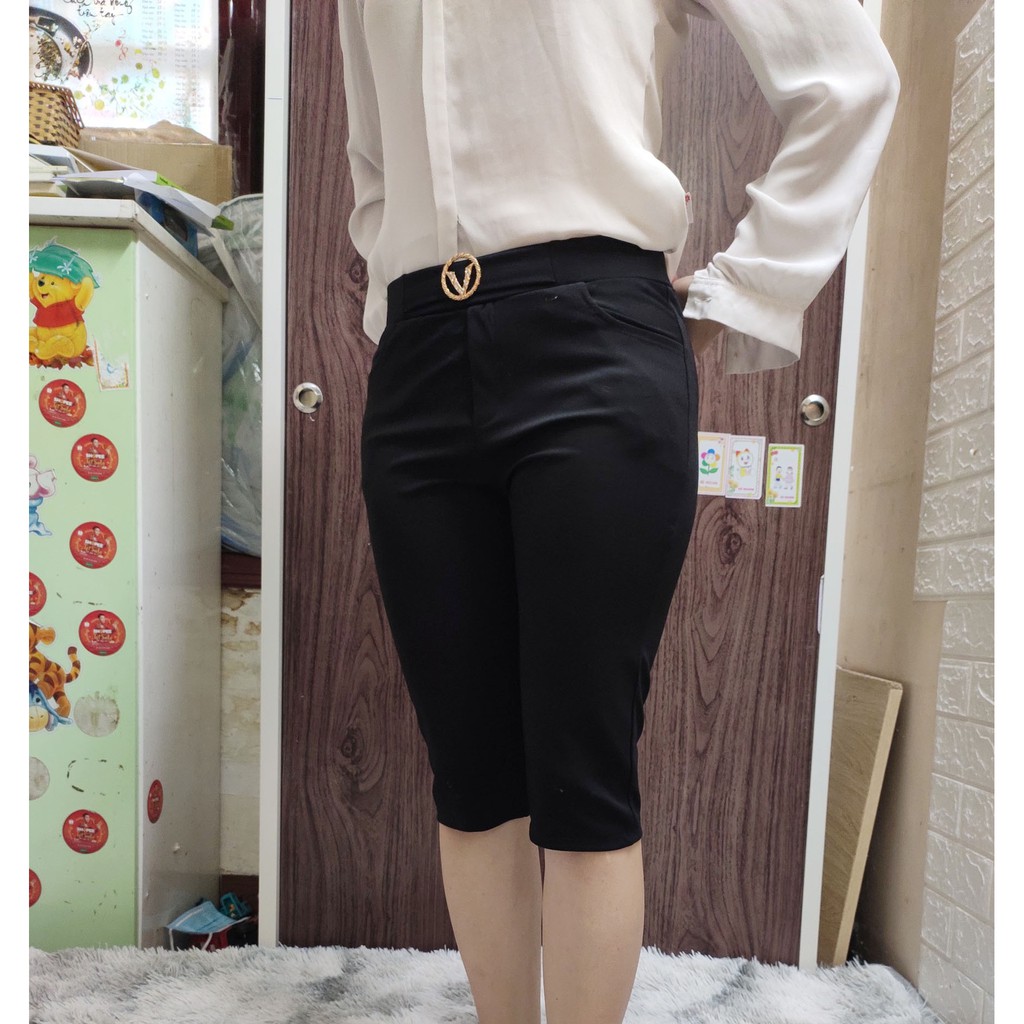 Quần legging ngố cạp chun đính kèm đai - Quần legging lửng nữ chất umi co giãn 4 chiều 4 túi thật dài qua gối | BigBuy360 - bigbuy360.vn