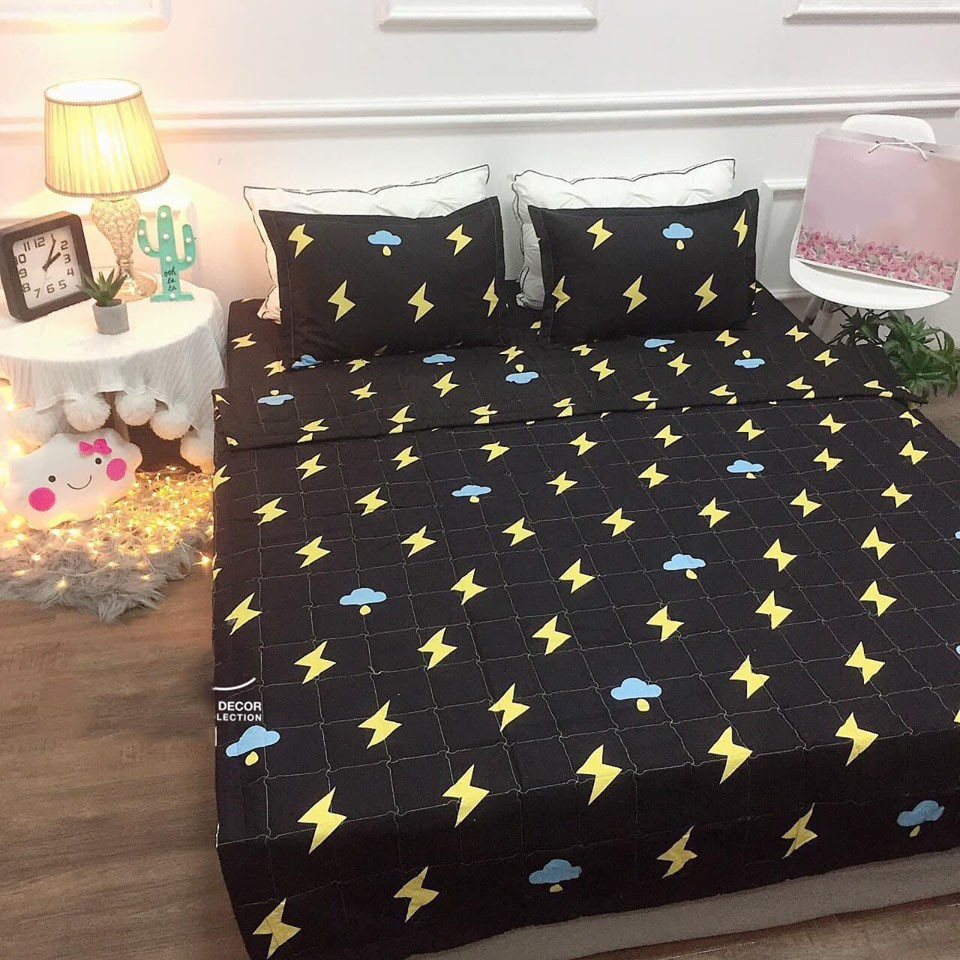 Bộ drap nệm 1M6 1M8 LINHALMONDS – 1 ra nệm poly + 2 vỏ gối nằm 45 x 65 cm mẫu tia sét