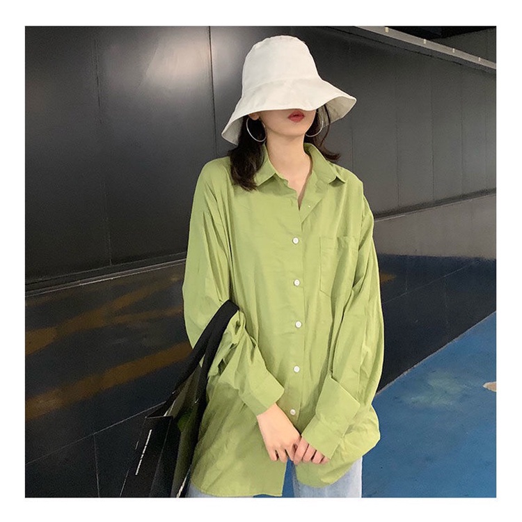 Áo sơ mi nữ form rộng ulzzang dáng dài, Sơ mi nữ màu xanh cốm quảng châu vải cotton mềm mại cực hót