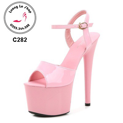Giày cao gót 17cm gót nhon hở mũi da bóng quai vòng cổ chân nhiều màu Ms C282