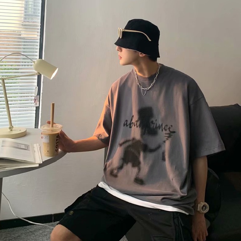 Áo thun tay ngắn dáng rộng in họa tiết hoạt hình phong cách đường phố hiphop cho nam size M-5XL