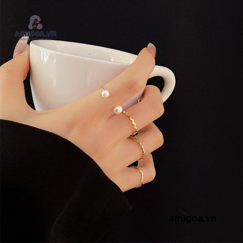 ✨✨Bộ 4 nhẫn đeo tay đính hạt ngọc trai kiểu dáng đơn giản phong cách Hàn Quốc