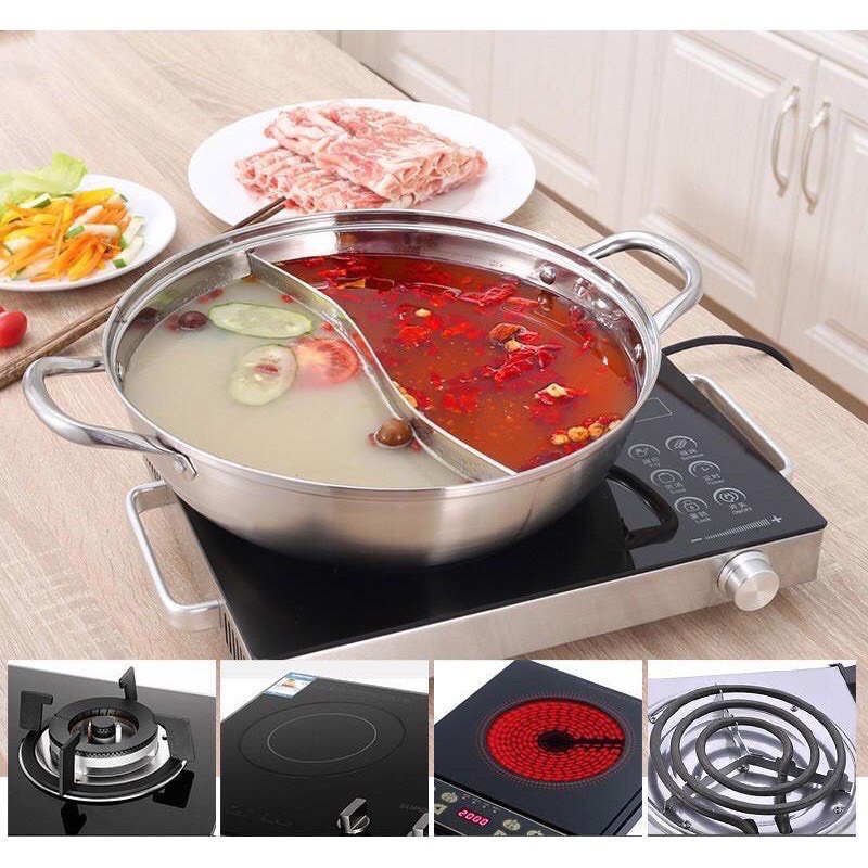 Nồi lẩu 2 ngăn 32cm, và 30cm nấu được bếp từ nhé có nắp kính DÙNG CHO TẤT CẢ CÁC LOẠI BẾP