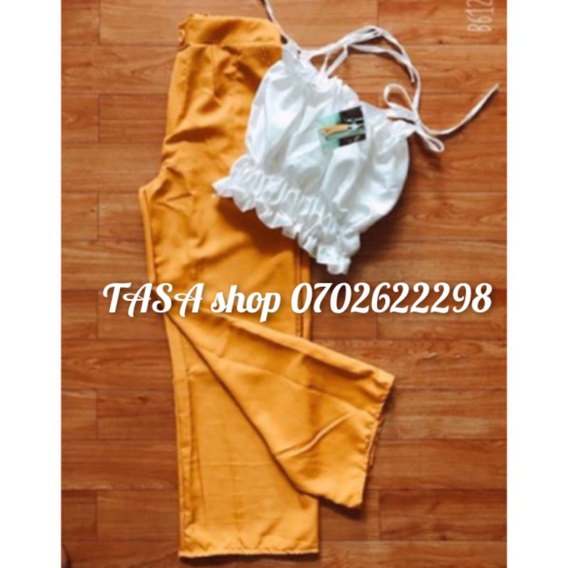 TBO-Sét áo 2 dây nhún bèo kèm quần vàng ống rộng sexy sang chảnh áo trắng trễ vai thời trang TASA