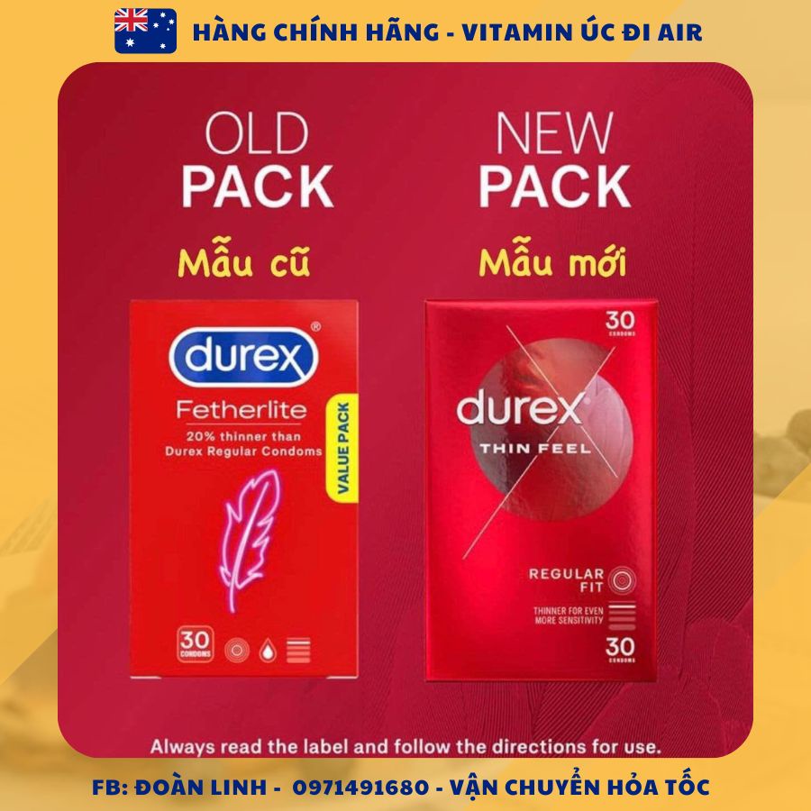 Bao cao su siêu mỏng Durex Fetherlite, Hộp 30 chiếc, Hàng Chuẩn Úc Đi Air, Bao cao su mỏng nhất của Durex