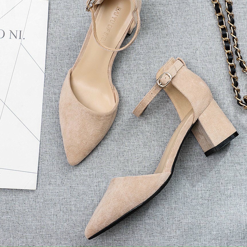 Sandal bít mũi nhọn gót trụ ốp mạ đen nude - 7P