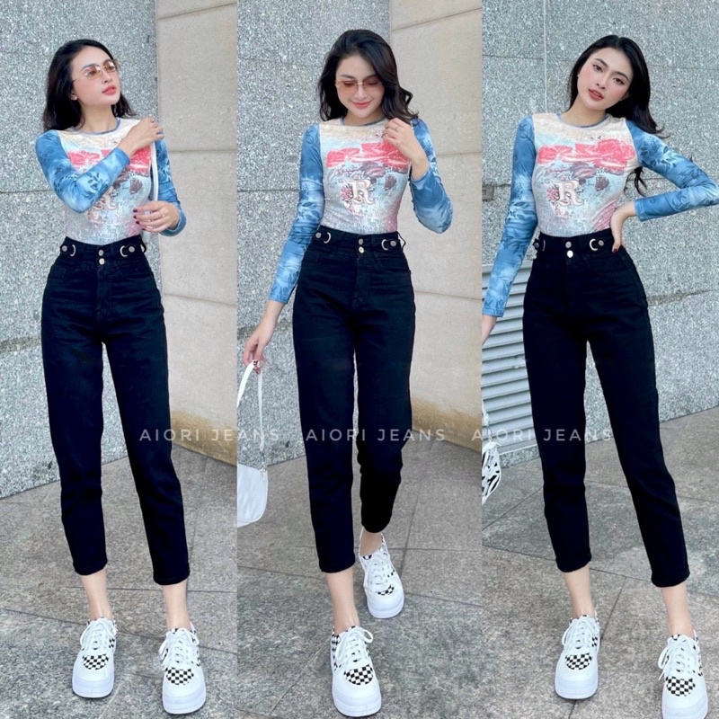 Quần Jean Nữ Aiori Lưng Cao 2 Nút Baggy Bò Trơn Cạp Cao Ulzzang Phong Cách Thời Trang, Vải Cotton Mềm Mịn_Mã B455