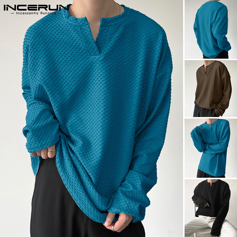 Áo thun nam INCERUN tay dài cổ v màu trơn dáng rộng thoải mái