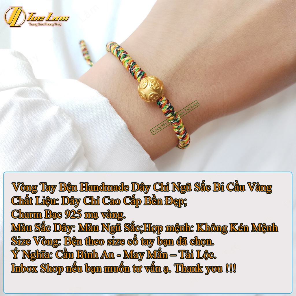 Vòng tay chỉ ngũ sắc tây tạng may mắn bện charm bi cầu bạc mạ màu vàng - Tuệ Lâm