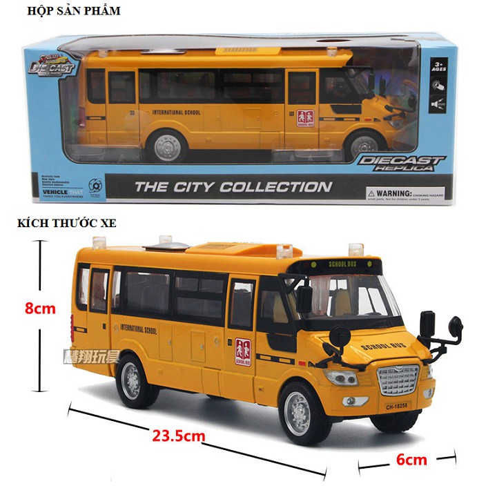 Ô tô School Bus tỉ lệ 1:32 xe ô tô đồ chơi trẻ em bằng sắt mở các cửa có đèn và âm thanh