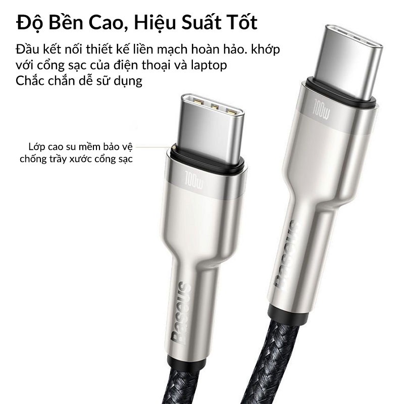 Cáp Sạc Nhanh Type C to Type C Baseus Cafule Series Metal Data Cable PD 100W, 20V/5A Dùng Cho Macbook, iPad Pro, Xiaomi