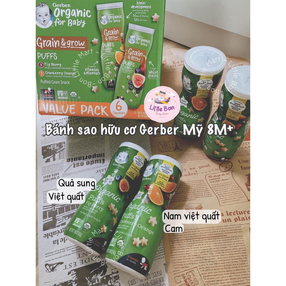 Bánh ăn dặm ngôi sao hữu cơ GERBER ORGANIC Grain &amp; Grow Puffs 8M+ 42gr_Air_Date 29/06/2022