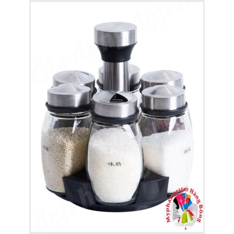Set 6 lọ gia vị thủy tinh kèm giá đỡ xoay 360 độ