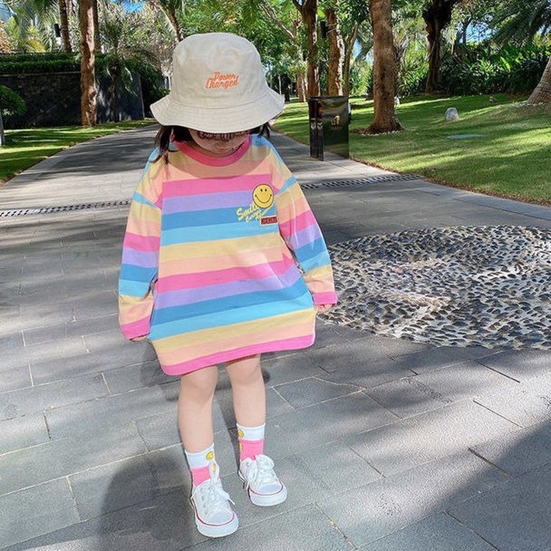 Đầm thun tay dài họa tiết sọc cầu vồng thời trang xuân thu mới cho bé gái