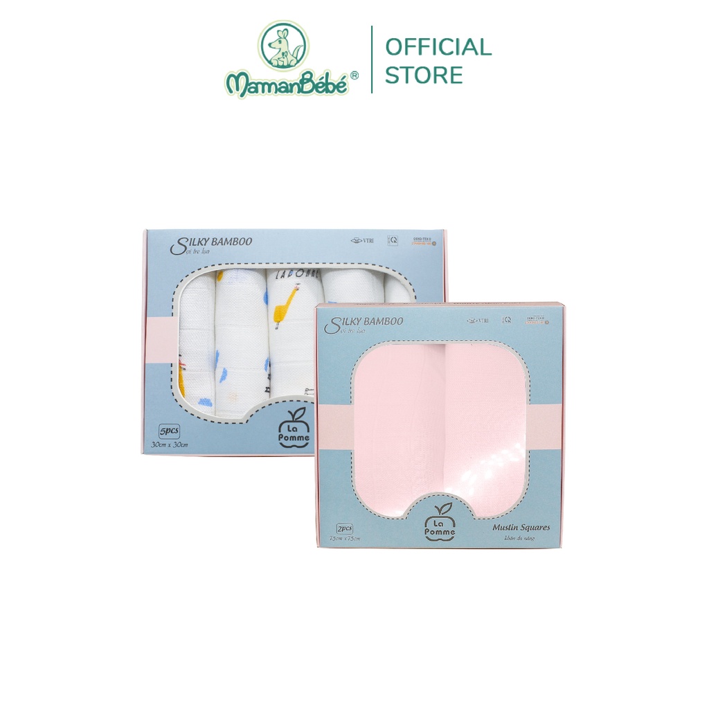 Combo K001 sét 5 khăn (30x30cm) Funny goose &amp; K002 sét 2 khăn (75x75cm) Trơn - la pomme