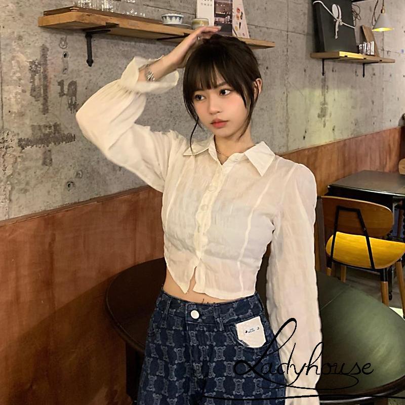 Áo croptop tay phồng dài hở lưng màu sắc đơn giản dành cho nữ