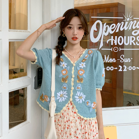 Áo Dệt Kim Tay Ngắn Cổ Chữ V Thời Trang Cho Nữ