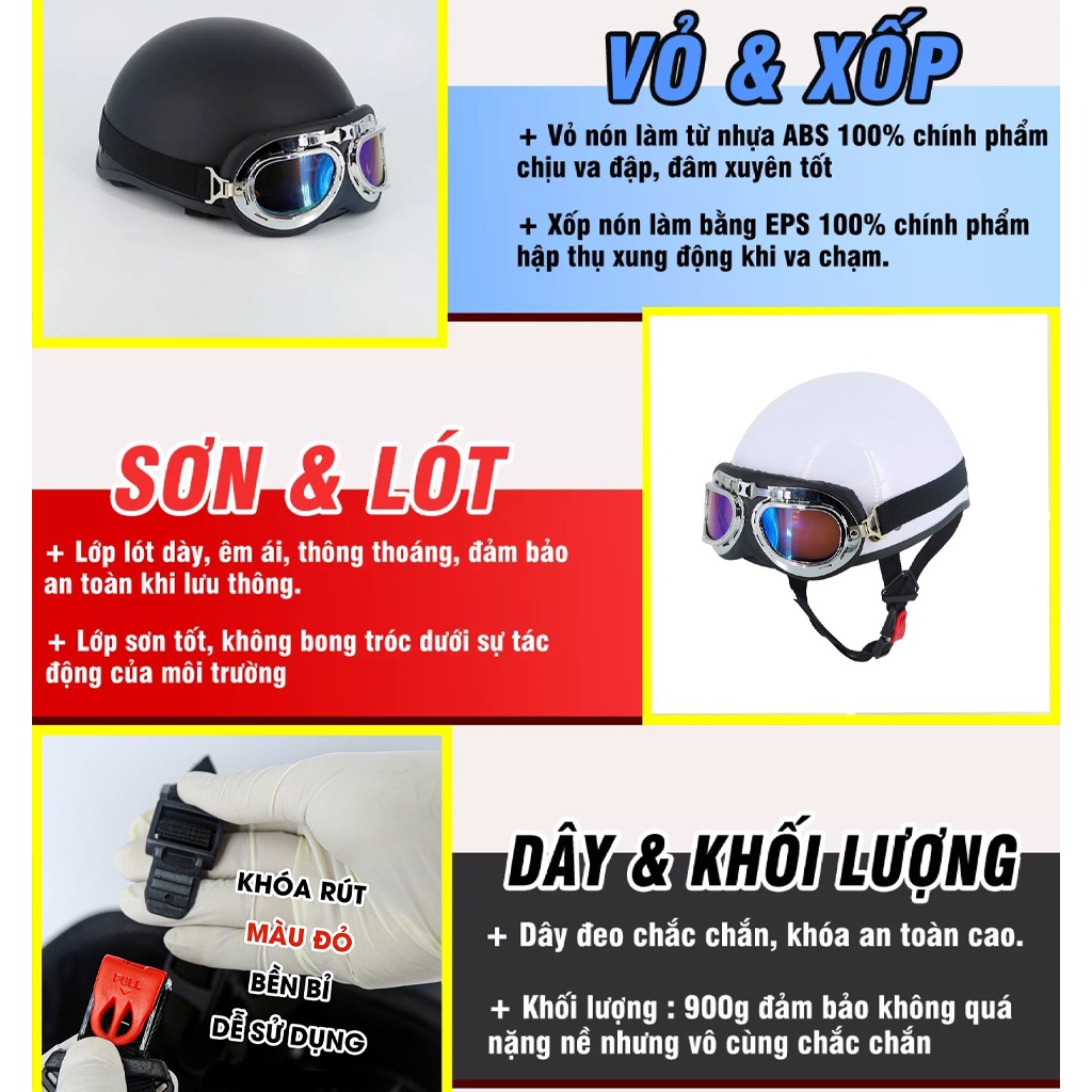 Mũ bảo hiểm nửa đầu SRT ASA05, nón trơn màu cao cấp Freesize vòng đầu từ 54-60cm, kèm kính phi công, UV