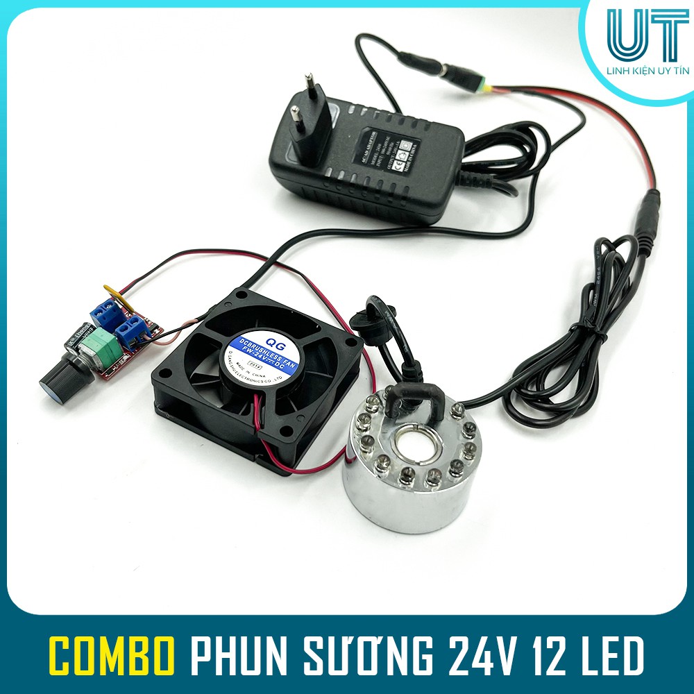 Combo động cơ phun sương tạo hơi nước 24V - 12 LED ( Phun sương+Dimmer + Quạt + nguồn )