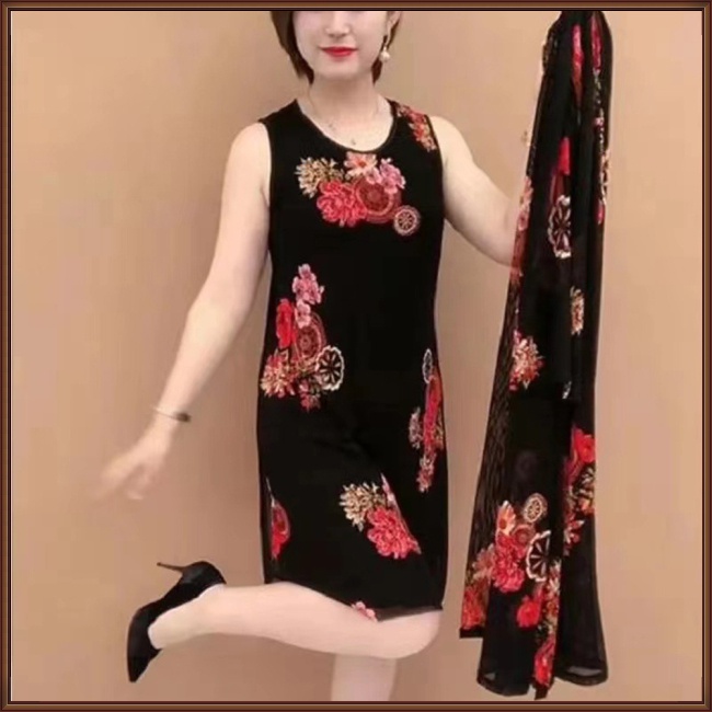 Bộ Đầm 2 Món Không Tay Cổ Tròn + Áo Khoác Cardigan Chống Nắng Thời Trang Mùa Hè Cho Nữ