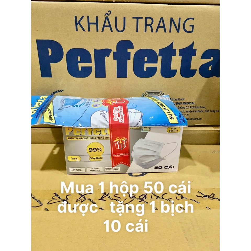 ( Mua 1 hộp 50 cái tặng 1 bịch 10 cái ) Khẩu Trang Y Tế 3 Lớp Cao Cấp Perfetta Moderate lọc bụi,chống khuẩn