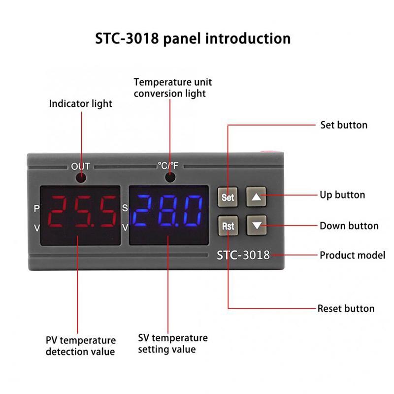 Bộ điều khiển nhiệt độ kỹ thuật số kép STC-3018 12V 24V 110-220V với cảm biến NTC