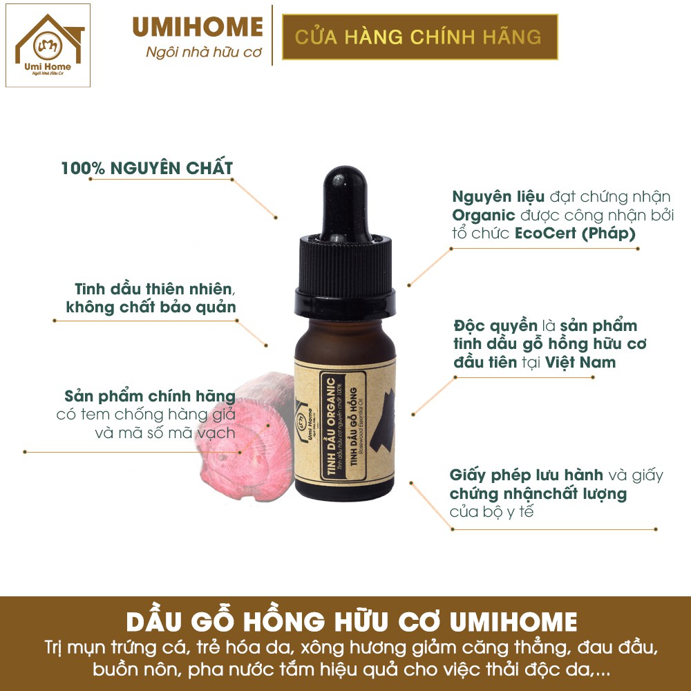 Tinh dầu thơm phòng Gỗ Hồng hữu cơ UMIHOME nguyên chất 10ml - Dùng xông giảm căng thẳng, dễ ngủ, thơm phòng