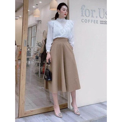 Chân váy xòe dáng dài Midi công sở cạp cao to bản ôm eo nịt bụng túi cúc có BIGSIZE phong cách sang trọng trẻ trung CV41