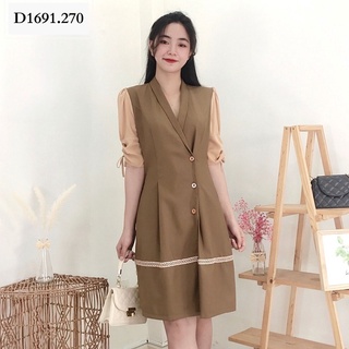 Đầm Vest Công Sở NHẬT VY Phối Tay Rút Chất Cotton Mịn Dáng Xòe Màu Đỏ, Đen - D1691