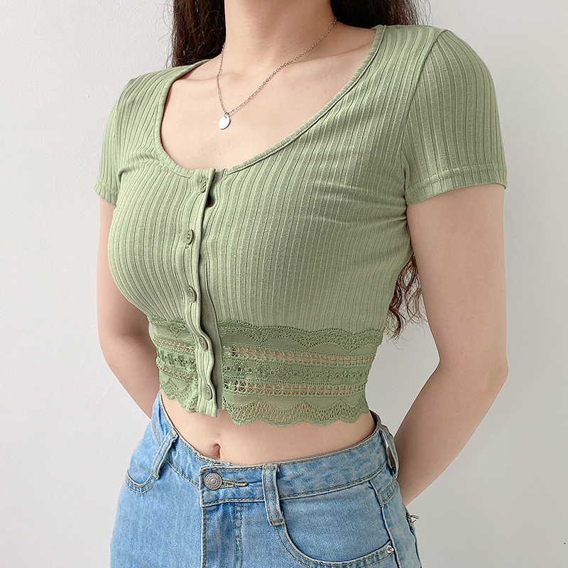 Áo Ngắn Tay Phối Ren Phong Cách Quyến Rũ Hợp Thời Trang Cho Nữ