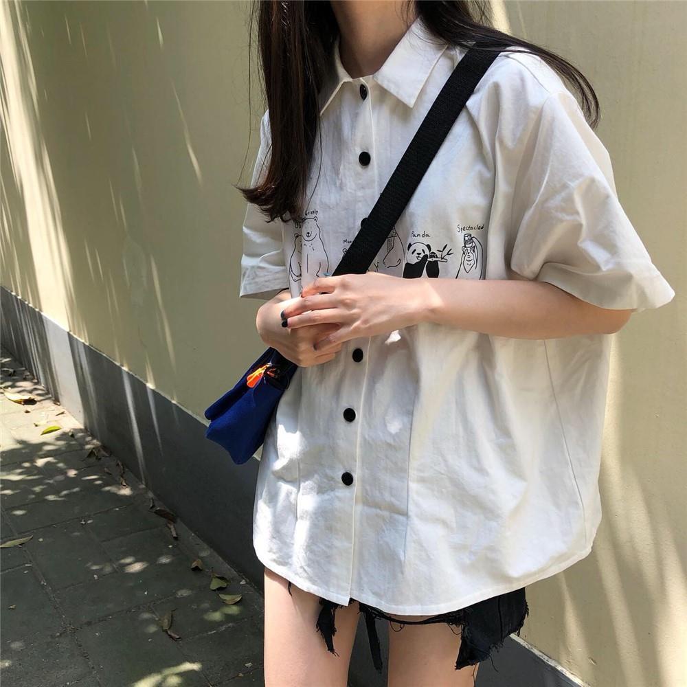 Áo Sơ Mi Tay Ngắn Dáng Rộng In Họa Tiết Hoạt Hình Phong Cách Hàn Quốc Thời Trang Mùa Hè Cho Nữ