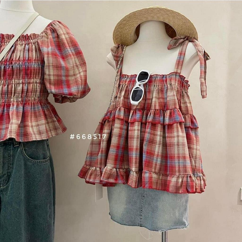 Áo hai dây nữ thắt nơ kẻ đỏ viền bèo, áo babydoll tiểu thư phong cách Hàn Quốc