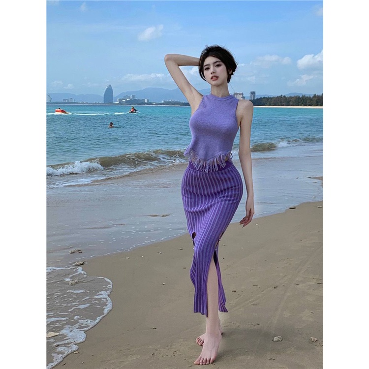 Áo Hai Dây Dệt Kim Phối Tua Rua Phong Cách Thời Trang Xuân Hè Mới 2022