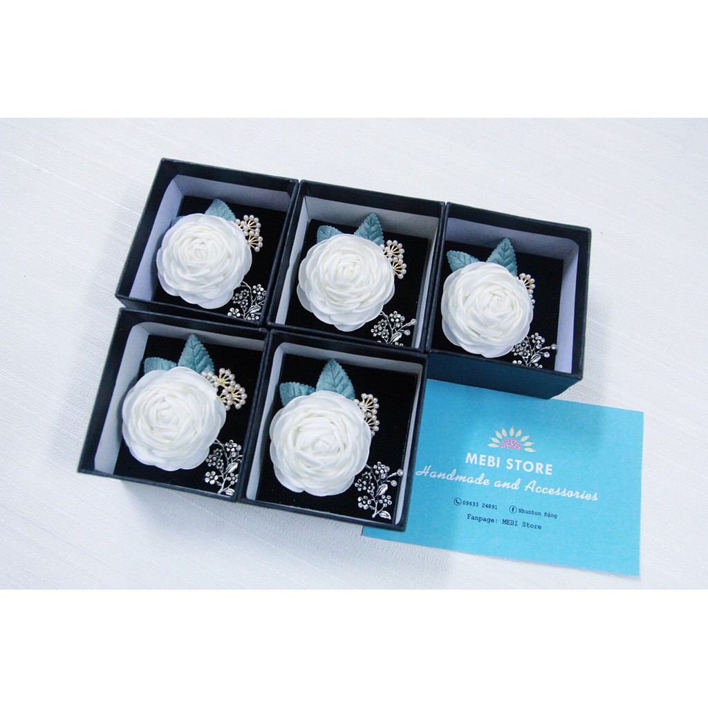 (ảnh thật 100%) Hoa cài áo handmade mẫu hoa trà mix cành bac siêu xinh Nobox