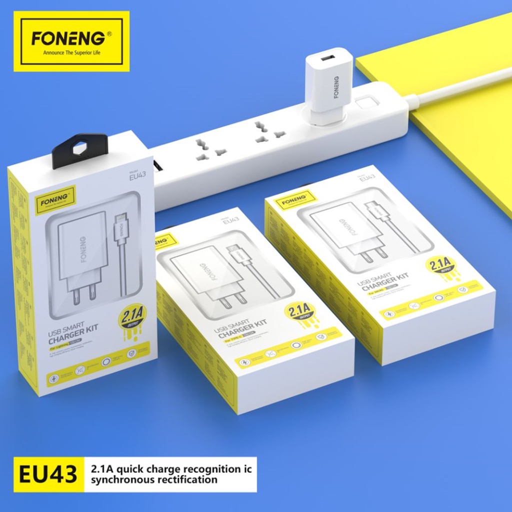 Bộ sạc FONENG EU43 USB Lightning sạc nhanh 2.1A, thích hợp nhiều dòng iPhone/iPad..., dây nhựa dẻo, dài 100cm