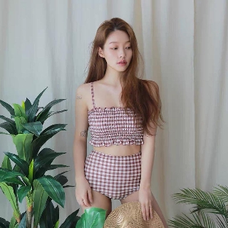 Bikini bèo nhún kẻ caro nâu cực xinh