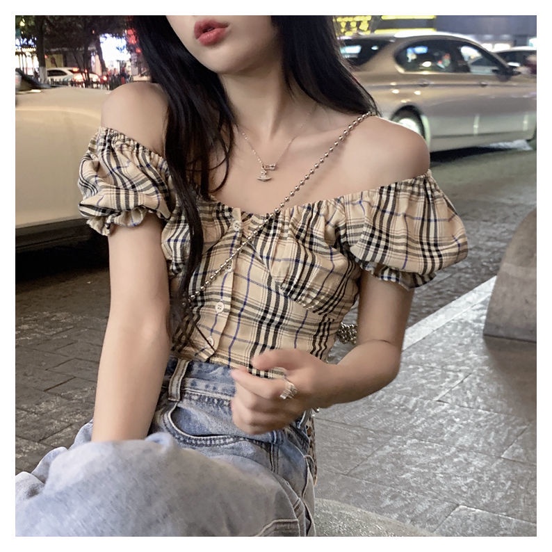COZOK Áo Croptop Trễ Vai Họa Tiết Sọc Caro Phong Cách Vintage