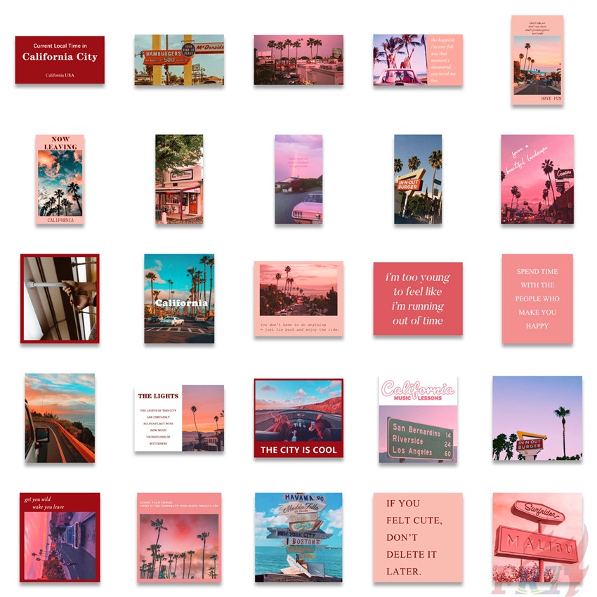 ❉ Bộ 01 Miếng Dán Hình Phong Cảnh Đường Phố California Màu Hồng Lãng Mạn ❉ Set 50 Sticker Họa Tiết Đa Dạng Hợp Thời Trang
