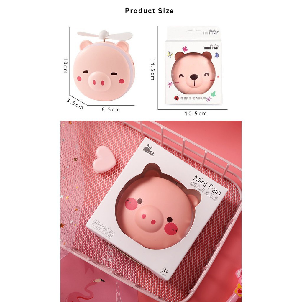 Gương trang điểm Licer LMM-MUL06-PDD có đèn led kèm quạt mini sạc cổng USB họa tiết hoạt hình nhỏ gọn tiện lợi