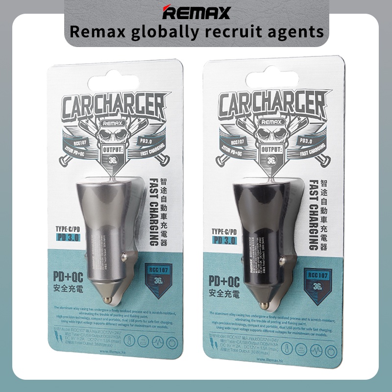 Tẩu Sạc Nhanh Ô Tô Xe Hơi Remax RCC107 Công Suất 36W Quick Charge 3.0 Cổng Sạc USB + Type C