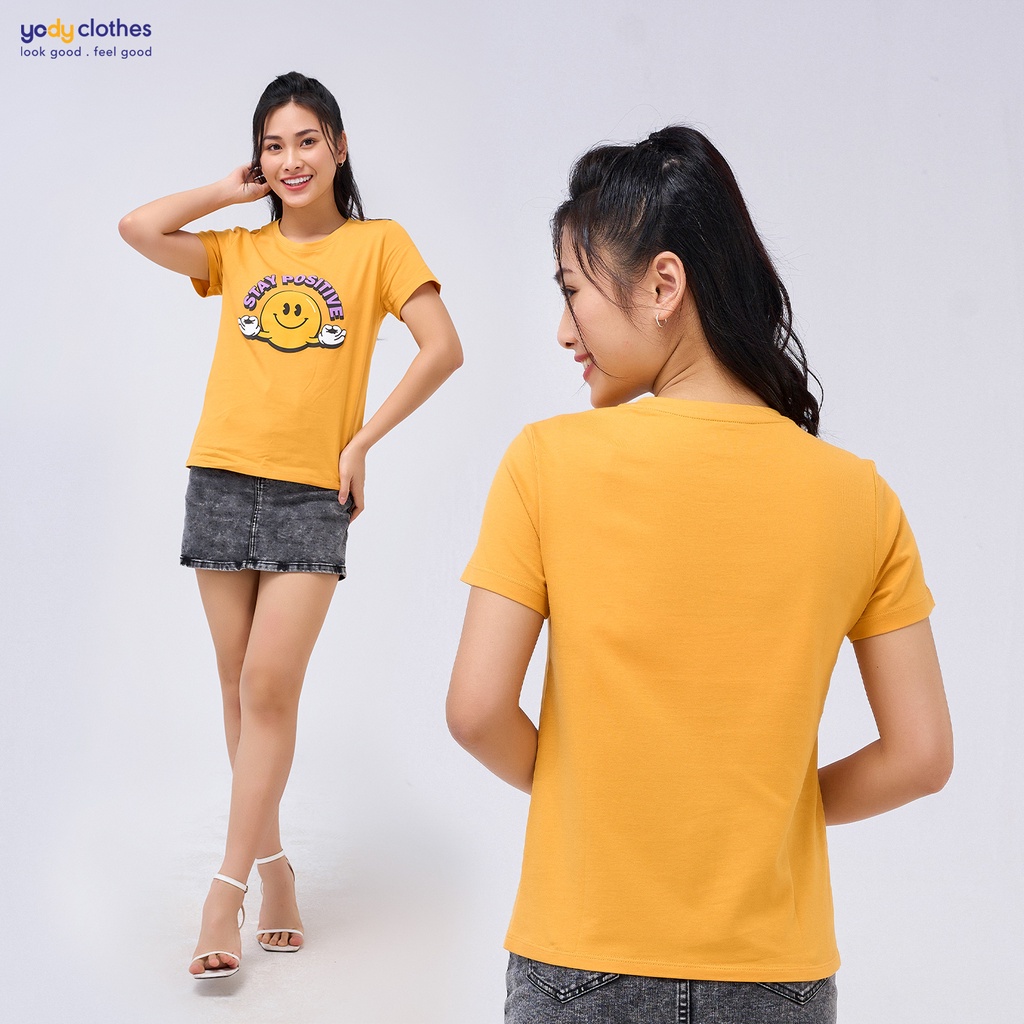 Áo thun nữ in hình YODY vải cotton thoáng mát chũ Stay Positive - AR Collections TSN5324