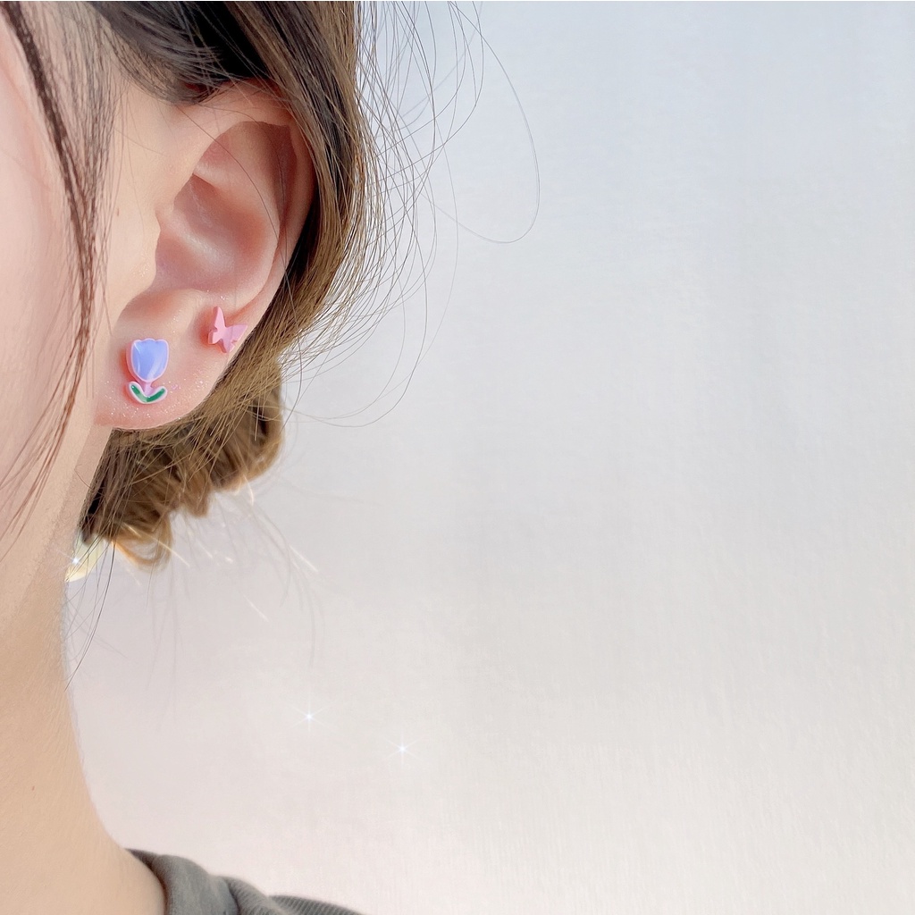 Khuyên tai 17KM bằng bạc 925 hình hoa tulip và hình bướm xinh xắn đơn giản cho nữ