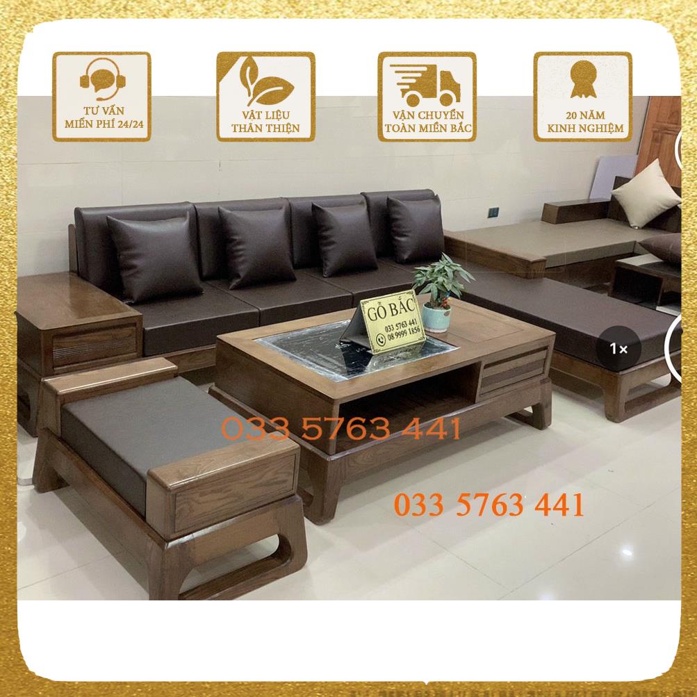Bộ ghế ngồi phòng khách gỗ sồi nga 100% không pha tạp văng L kích thước 2m8x2m màu óc chó sang trọng