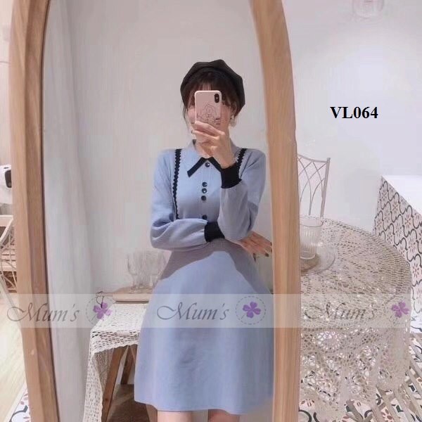 ĐẦM BẦU  FREESHIP  Váy len cổ đức viền đen dáng xòe