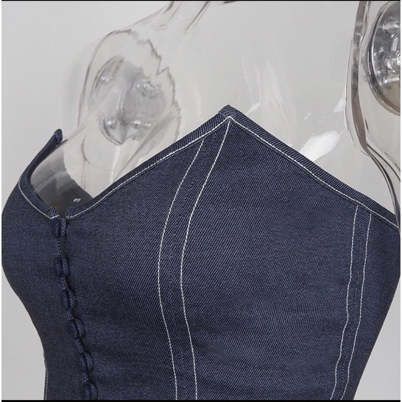 Áo Kiểu Chất Liệu Kaki Thun Cúp Ngực, [ADORABLE], Tube Jeans Phong Cách Âu Mỹ Hot Trend 2021 Ảnh Thật