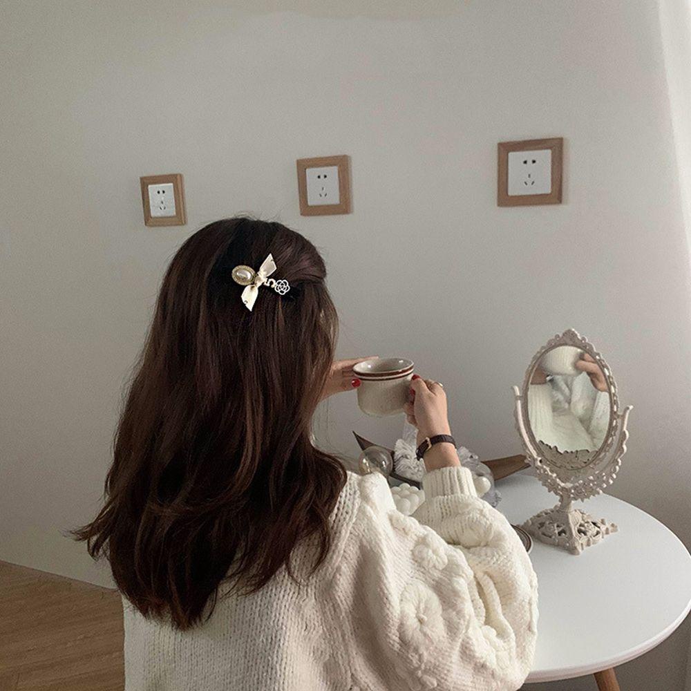 TWINKLE Kẹp Tóc Nơ Bằng Da PU Đính Hoa Trà Kim Loại Kiểu Hàn Quốc Đơn Giản Thanh Lịch