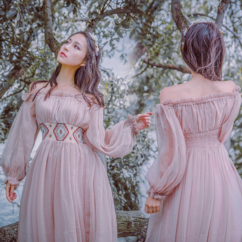 Váy Tiểu Thư Cổ Tích Màu Hồng Phấn Ulzzang ,Đầm Công Chúa Nhún Ngực Trễ Vai Tay Voan Sang Chảnh -LAMASS | BigBuy360 - bigbuy360.vn