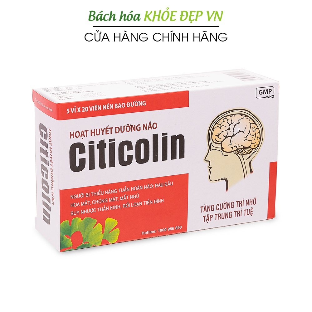 Hoạt huyết dưỡng não Citicolin giảm đau đầu, hoa mắt, chóng mặt - 100 viên [Hoạt huyết dưỡng não Citicolin]